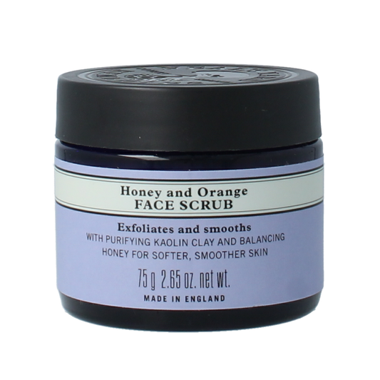 Neals Yard Remedies honey and orange facial scrub in a 75g jar, natural skincare for gentle exfoliation.
