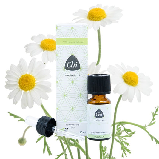 Chi Kamille blauwe eko bio etherische olie in 2.50 ml bottle, featuring a blue cap and label, natural and organic essential oil.