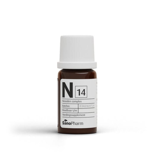 SanoPharm N Complex 14 herbal supplement bottle with dropper, in a white box, showing product label and packaging.