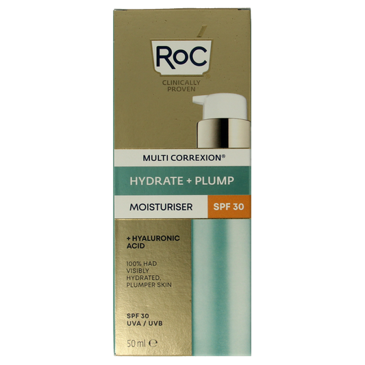 ROC Multi CorreXion hydrate+plump moisturizer with SPF30 in 50ml jar, featuring a smooth, hydrating face cream for daily skincare.