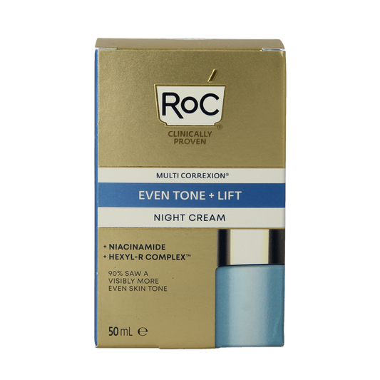 ROC Multi CorreXion Even Tone + Lift Night Cream in 50ml jar, smooth facial skincare product with nourishing cream texture.