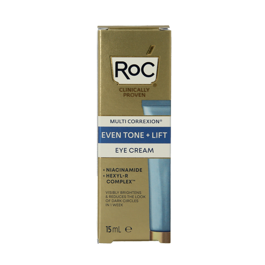 ROC Multi CorreXion Even Tone + Lift eye cream in 15ml jar, designed for eye area skincare and brightening.