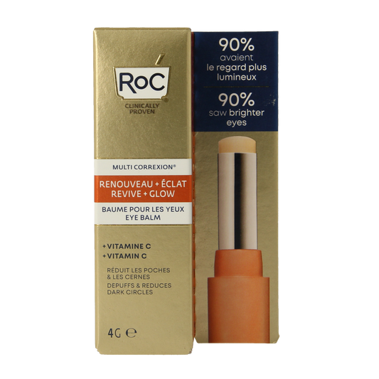 ROC Multi Correxion Revive+Glow eye stick, 4g, for eye care, shown open with cream applicator and visible product in the image.