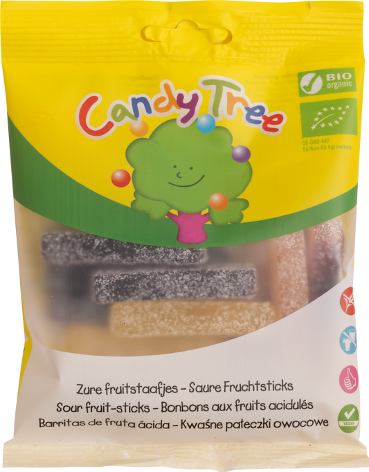 Candy Tree Zure fruitstaafjes, 100g, sour fruit sticks in colorful packaging, a popular candy snack.