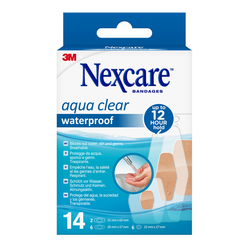Nexcare Aqua Clear waterproof 360° pleisters in a box of 14, transparent adhesive bandages for wound protection