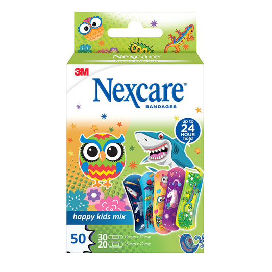 Nexcare Happy Kids Mix bandages and tape, colorful adhesive plasters for children, shown in assorted sizes and designs.