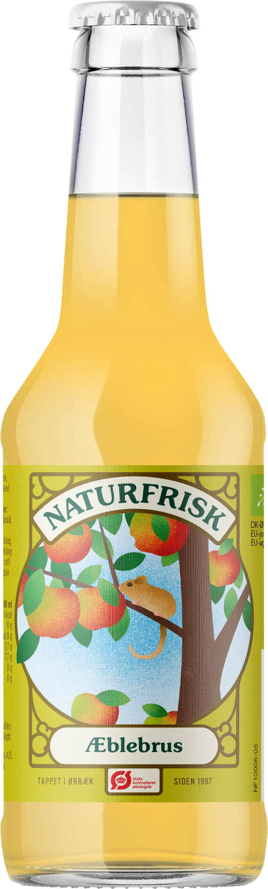 Bottle of Naturfrisk Apple BIO juice, 250ml, natural apple drink in a clear plastic bottle with a label and cap.