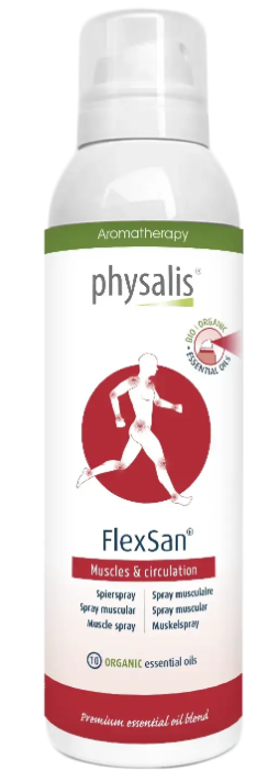 Physalis PH Active Spray FlexSan 150ml huisparfum bottle with spray nozzle, designed for freshening and disinfecting spaces.