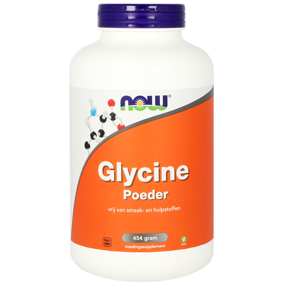NOW Glycine powder supplement in a 454g container, ideal for amino acids and health support, with a clear label on the packaging.