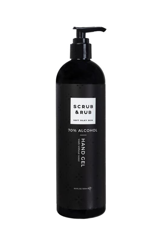 Scrub & Rub Handgel 500ml hand care product with clear pump dispenser, designed for moisturizing and cleansing hands.