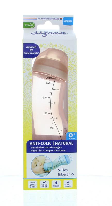 Difrax S-Fles natural roze baby bottle with 250ml capacity and teat, designed for comfortable feeding.