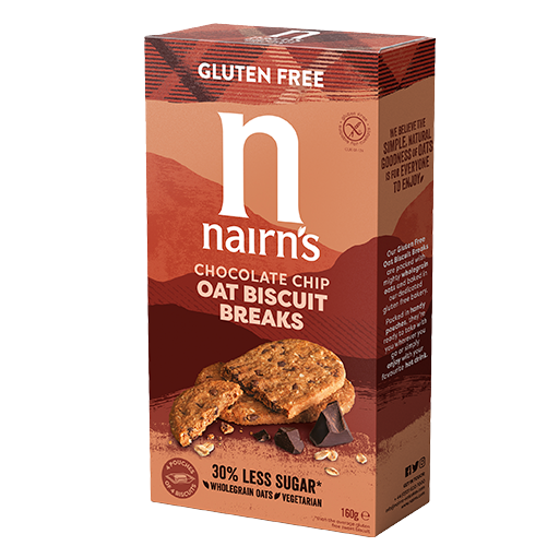 Nairns Biscuit Breaks oat and chocolate chip koeken, 160g, featuring crunchy biscuits with chocolate chips in a clear package.