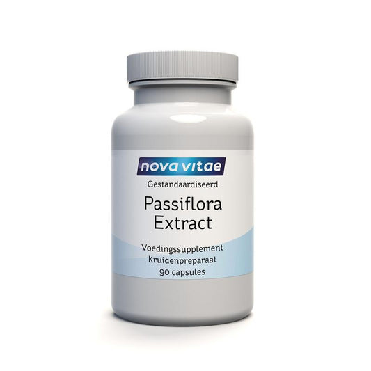 Nova Vitae Passiflora extract 350mg herbal capsules in a bottle, natural supplement for relaxation and stress relief.