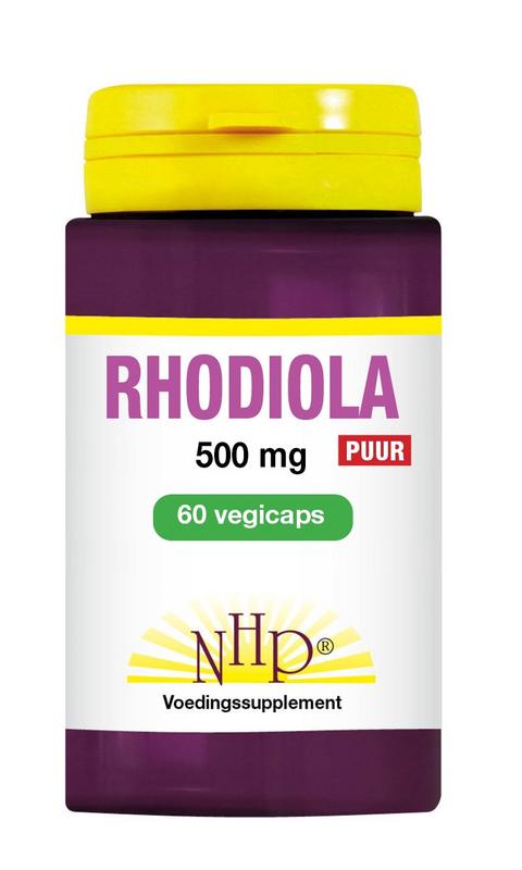 NHP Rhodiola 500mg pure herbal capsules, vegetarian supplement in a clear bottle with 60 capsules, natural plant-based product.