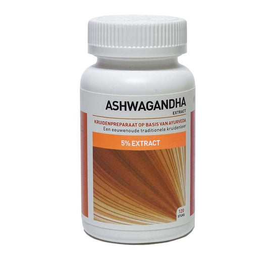 Ayurveda Health Ashwagandha herbal supplement in blister pack with 120 tablets, natural wellness remedy from Kruidenpreparaten.