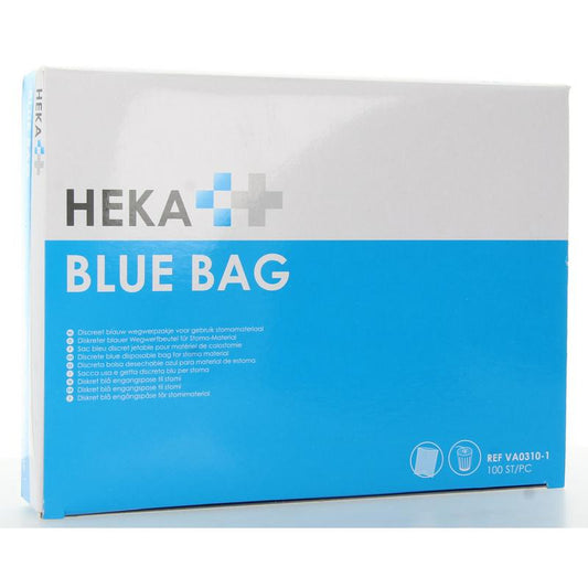 Heka Bluebag stoma afvalzakje, niet-steriel, 100 stuks, voor katheter en urinaal, blauwe afvalzak met waarschuwingstekst