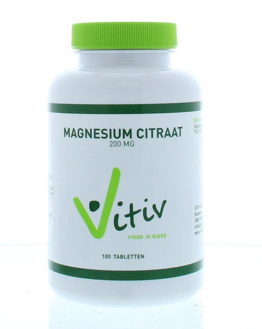 Vitiv Magnesium Citraat 200mg mineral supplement tablets, showing a bottle of 100 tablets on a white background.