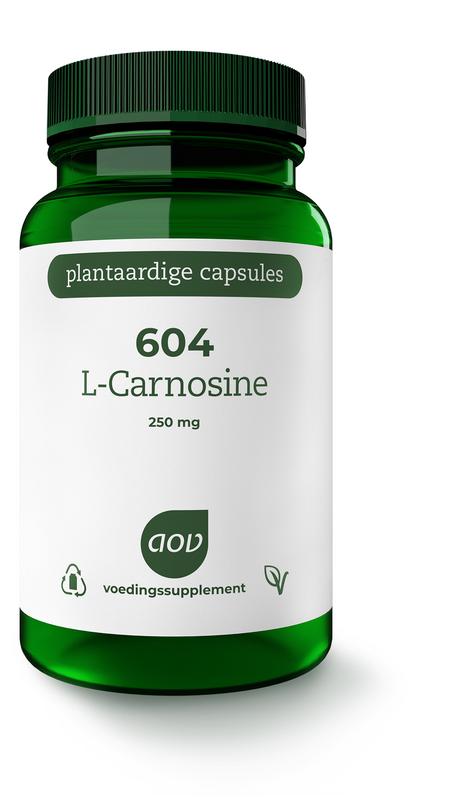 AOV L-carnosine vegetarian capsules, dietary supplement with amino acids, in a white bottle with label showing product details.
