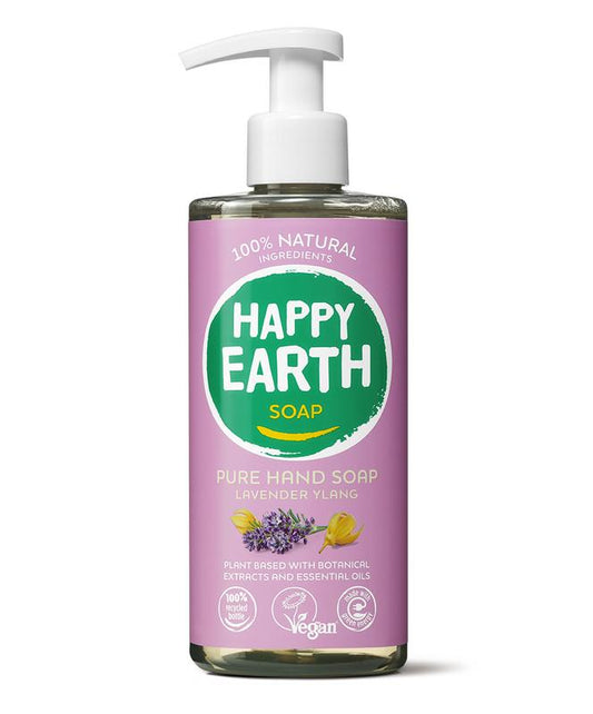 Happy Earth Pure lavender ylang hand soap in 300ml bottle, gentle hand care product with floral scent.