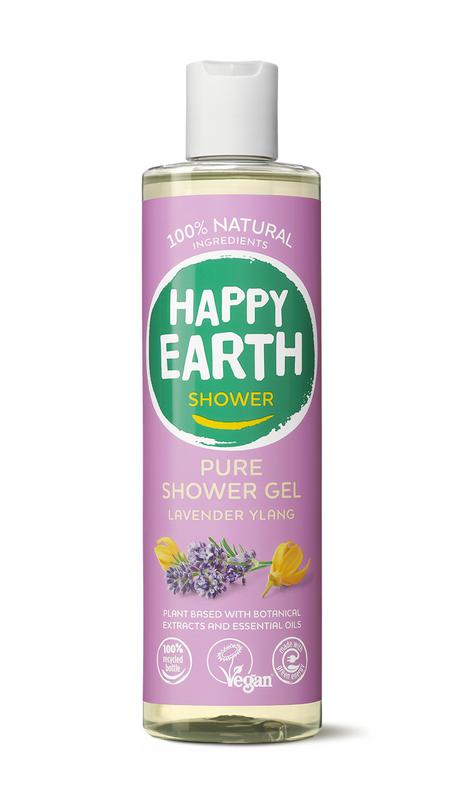 Happy Earth lavender ylang shower gel in a 300ml bottle, featuring a soothing floral scent and clear liquid inside.