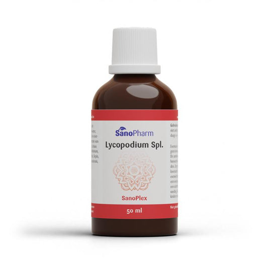 SanoPharm Lycopodium Sanoplex herbal supplement bottle, 50ml, featuring the label and packaging of the herbal remedy product.