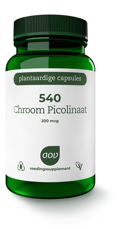 AOV mineralen enkel AOV 540 chroom picolinaat vegetarische capsules in a clear bottle with label showing capsules inside.