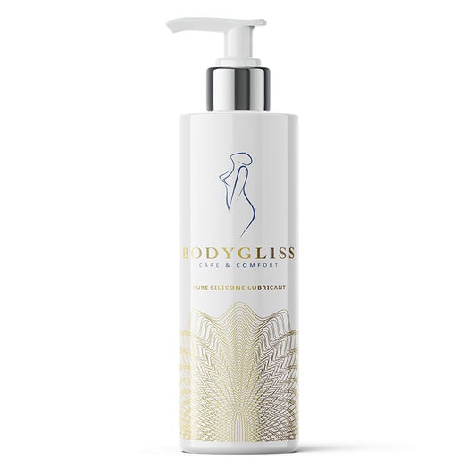 Bodygliss female care and comfort silicone lubricant in a 250ml bottle, featuring a clear, smooth liquid inside a pump dispenser.