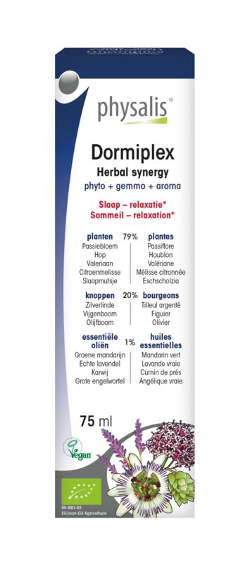 Physalis Dormiplex bio herbal supplement in 75ml bottle, part of Physalis kruidenpreparaten collection, shown in the image.