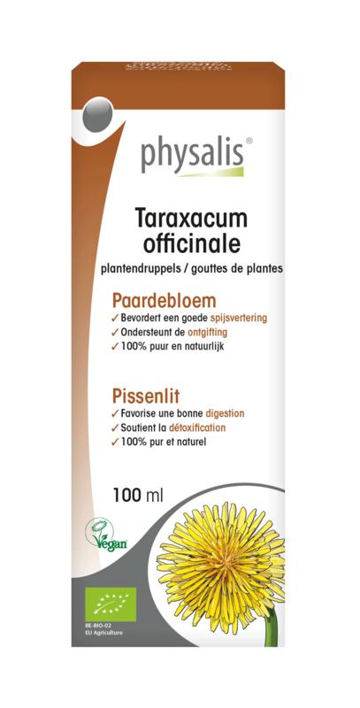 Physalis Taraxacum officinale organic herbal preparation in a 100ml bottle, featuring fresh dandelion herbs and natural ingredients.