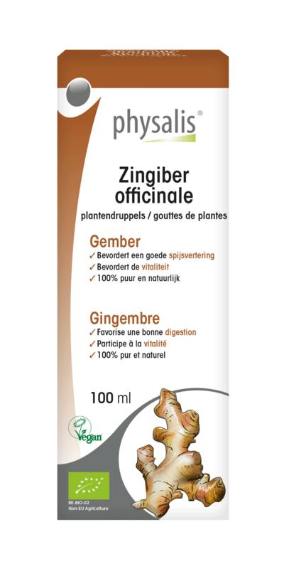 Bio Physalis Zingiber officinale ginger herbal extract in a 100ml bottle, part of Physalis kruidenpreparaten collection.