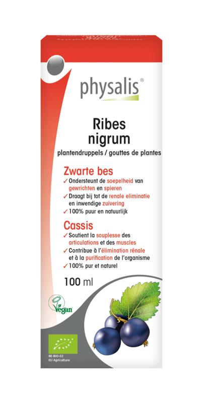 Physalis bio Ribes nigrum herbal preparation bottle, 100ml, with label showing product details and branding.