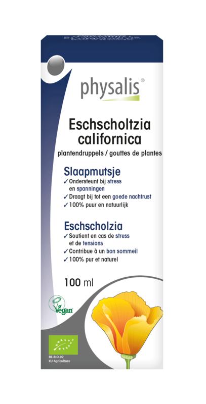 Physalis Eschscholtzia californica herbal preparation in a 100ml bottle, showcasing the Physalis brand for natural herbal remedies.