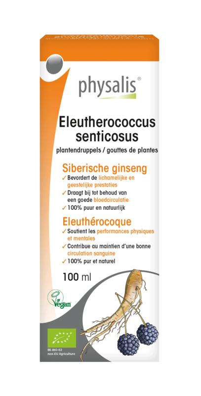 Physalis bio Eleutherococcus senticosus herbal tincture in a 100ml bottle, part of Physalis' kruidpreparaten collection.