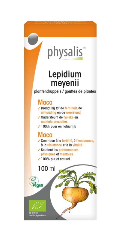 Physalis Lepidium meyenii bio herbal supplement in a 100ml bottle, part of Physalis kruidenpreparaten collection.