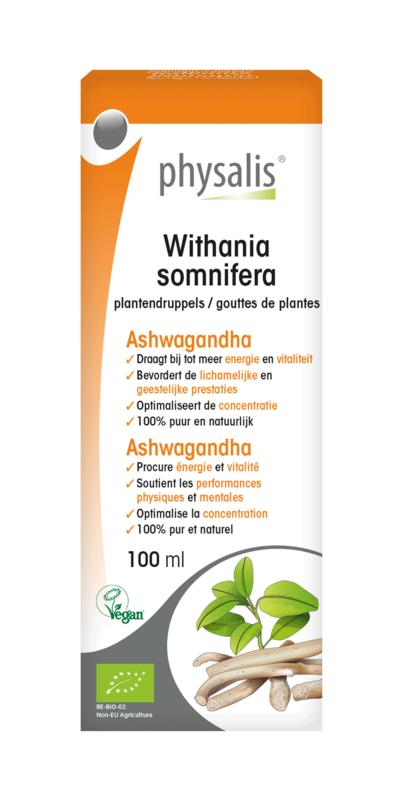 Physalis Withania somnifera bio herbal preparation in a 100ml bottle, part of Physalis kruidenpreparaten line, shown in the image.