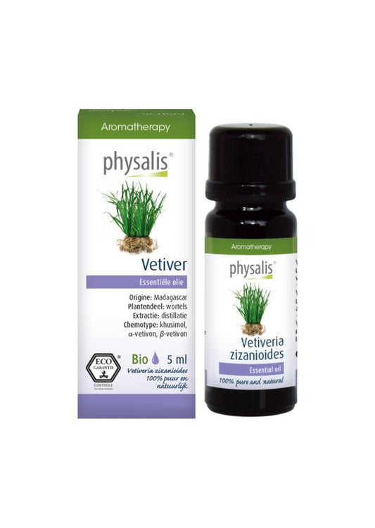 Physalis Vetiver bio herbal preparation in a 5ml bottle, featuring natural vetiver ingredients for wellness and herbal use.