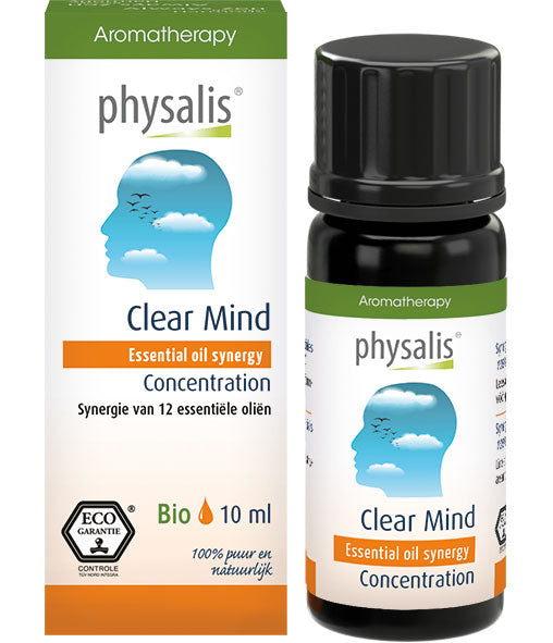 Physalis Synergie Clear Mind bio essential oil bottle, 10ml, with a dropper cap, highlighting natural herbal aroma and purity.