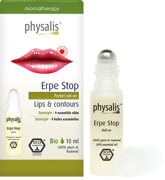 Physalis Roll-on Erpe Stop body care product with 10ml bottle, showing the roll-on applicator and packaging.