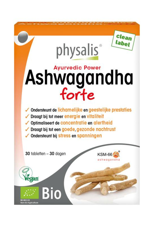 Physalis Ashwagandha Forte bio supplement with 30 tablets, natural herbal remedy for stress and vitality.
