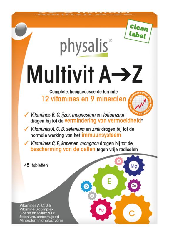 Physalis Multivit A-Z 45-tablet bottle showing the label and tablets inside, a complete multivitamin supplement by Physalis.