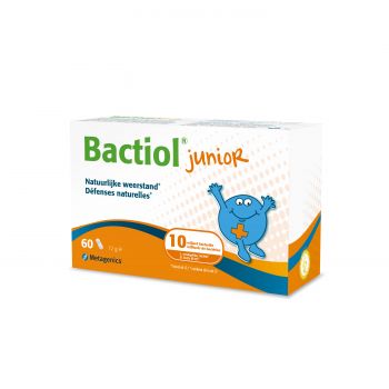 Bottle of Metagenics Bactiol Junior probiotic capsules containing micro-organisms for children, with 60 capsules in the bottle.