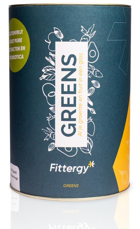 Fittergy Greens herbal supplement in a 270g container, featuring a colorful mix of dried greens and herbs for healthy nutrition.