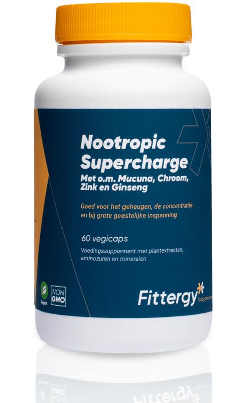 Fittergy Nootropic Supercharge herbal supplement capsules, 60-count bottle, designed to boost mental clarity and focus.