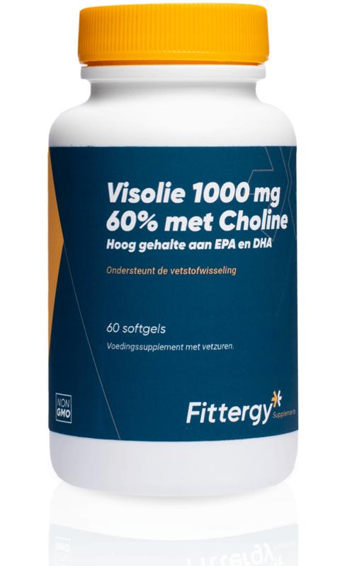 Fittergy Visolie 1000mg softgels with 60% omega fatty acids and choline, dietary supplement for healthy skin and brain support.