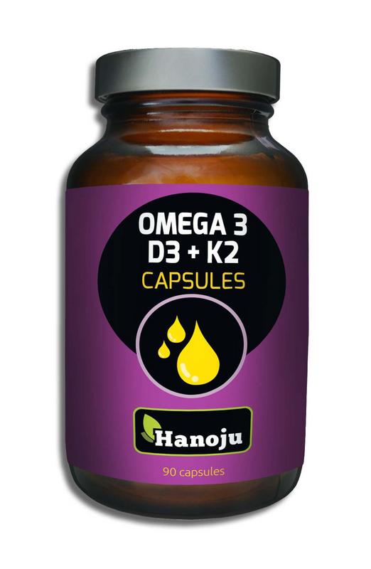 Hanoju Omega 3, D3, and K2 capsules for supporting heart and bone health, displayed in a bottle with capsules inside.