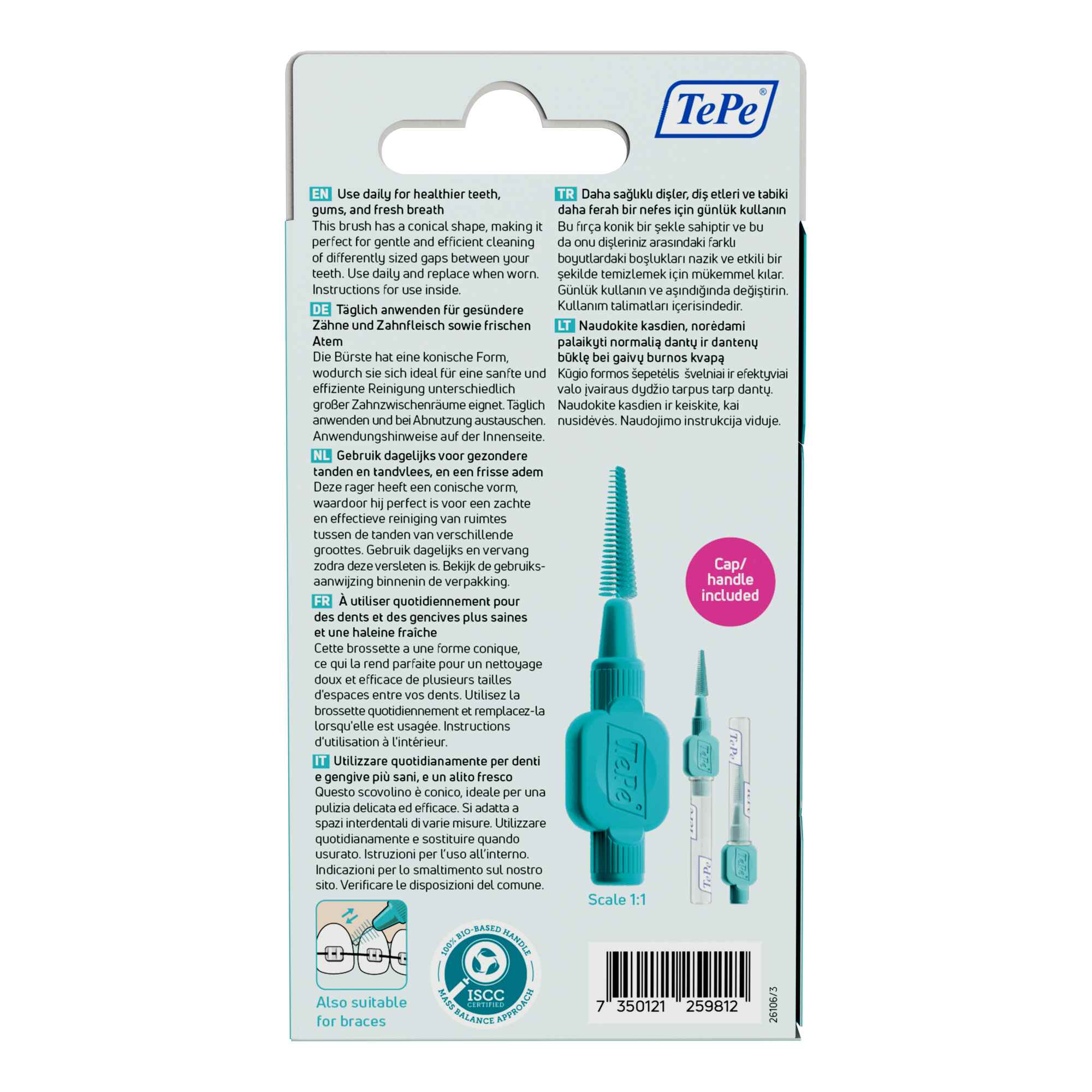 TePe EasyFit interdental brushes, 6-pack, for oral hygiene and flossing, shown from the back in the image.