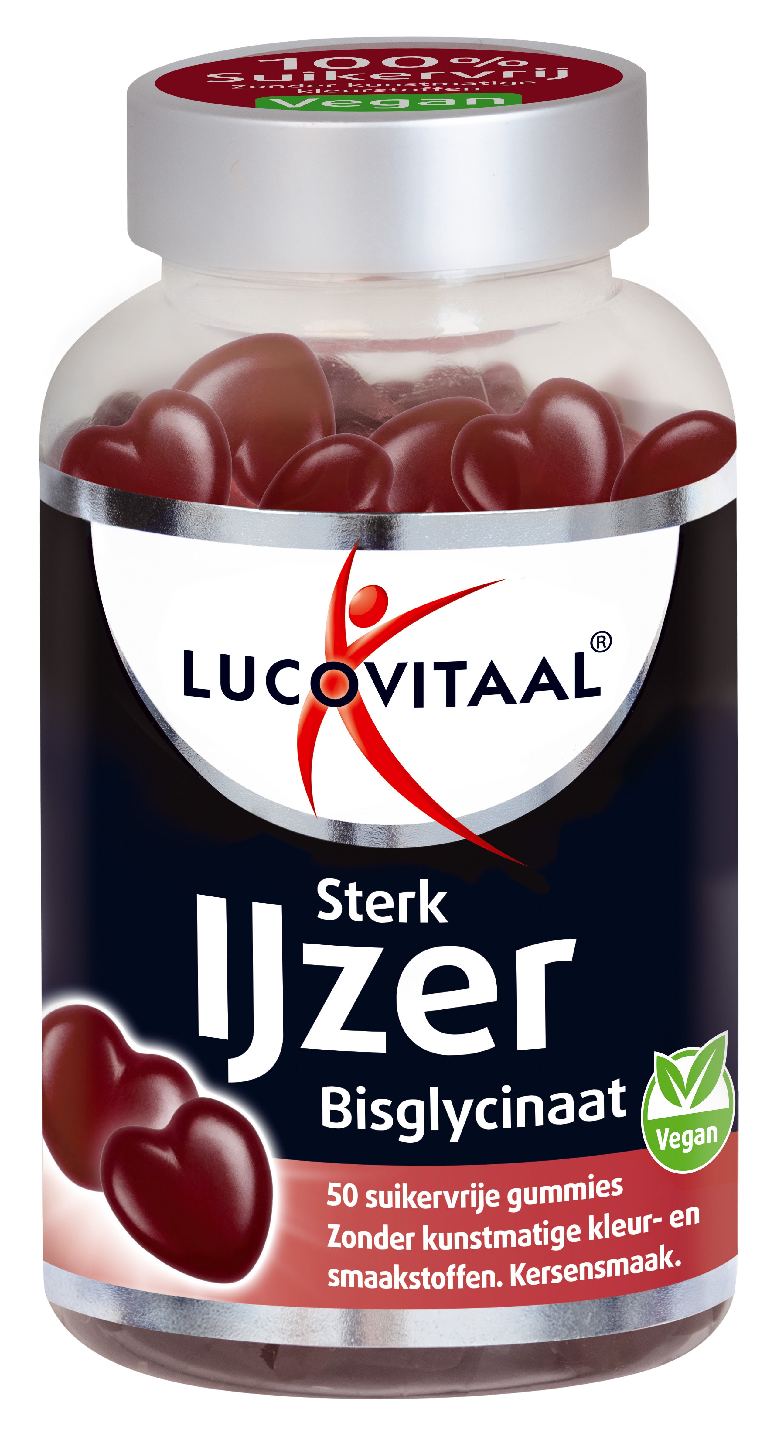 Lucovitaal IJzer Sterk Gummies mineral supplement in a bottle, showing the colorful iron gummies on the label.