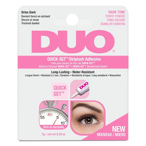 DUO Quick-Set dark striplash adhesive in 7g tube, make-up product for secure lash application, with applicator included.