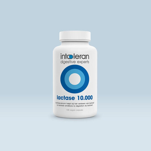 Intoleran Lactase 10,000 capsules, enzyme supplement for lactose digestion, in a white bottle with label.