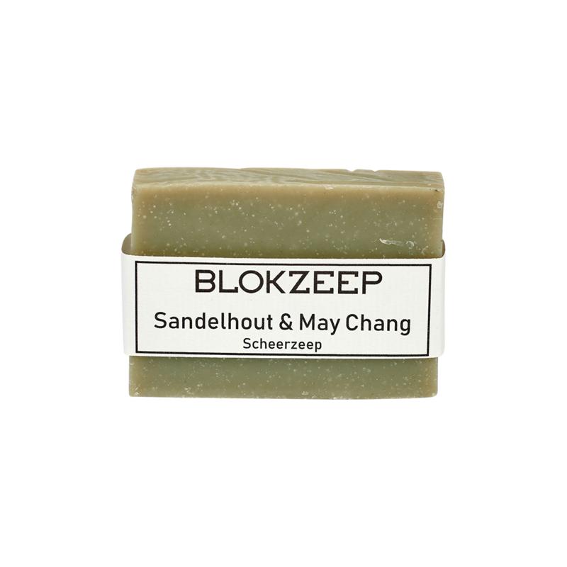 Blokzeep sandalwood and May Chang shaving bar in 100g, featuring natural ingredients for shaving and skincare.